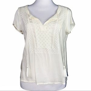 AE American Eagle Boho Top Shirt Embroidered NEW S Cream Bib Short Sleeve Small